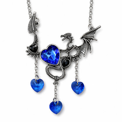 Necklace with dragon and heart-shaped blue gemstones on a white background.  Gothic romance dragon fantasy jewelry.