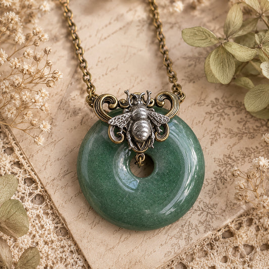 green aventurine donut stone pendant necklace with bee.  Boho nature inspired jewelry