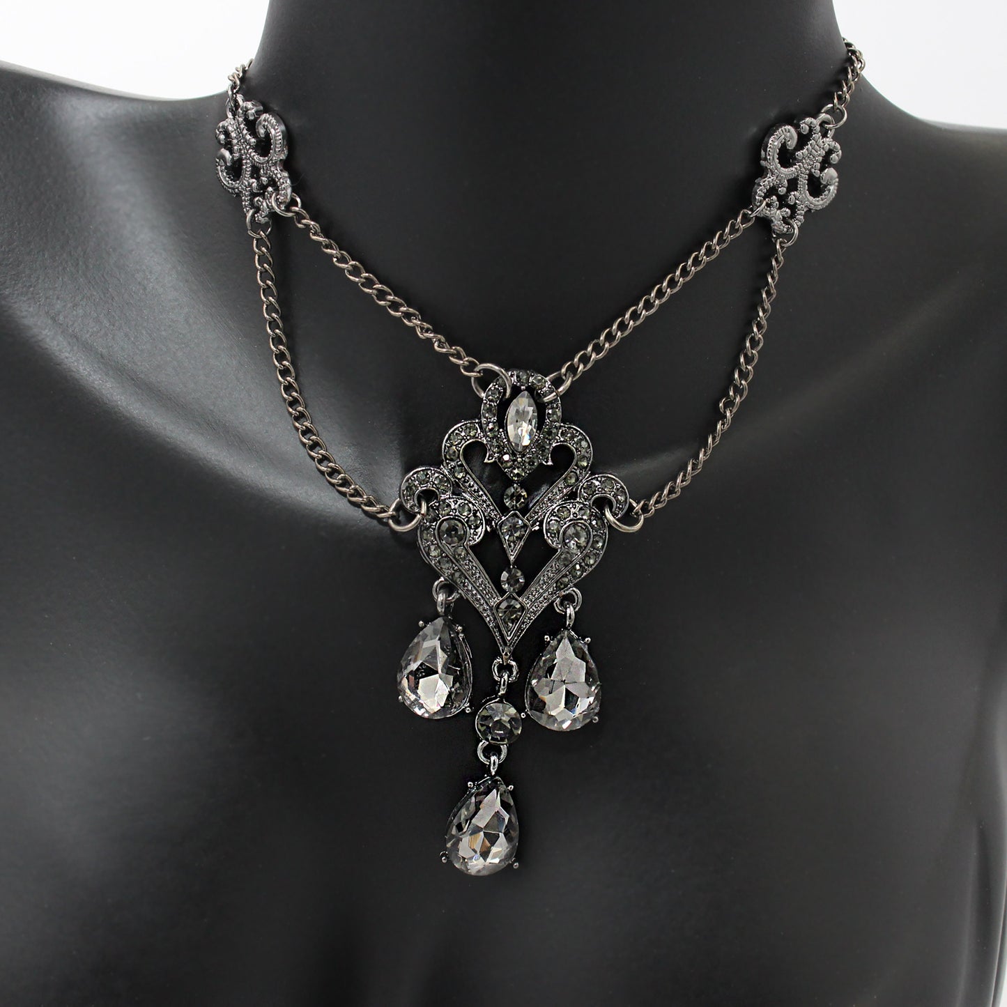 Vintage Crystal Chandelier Necklace with Gray Rhinestones, Vintage Jewelry, Gothic Jewelry