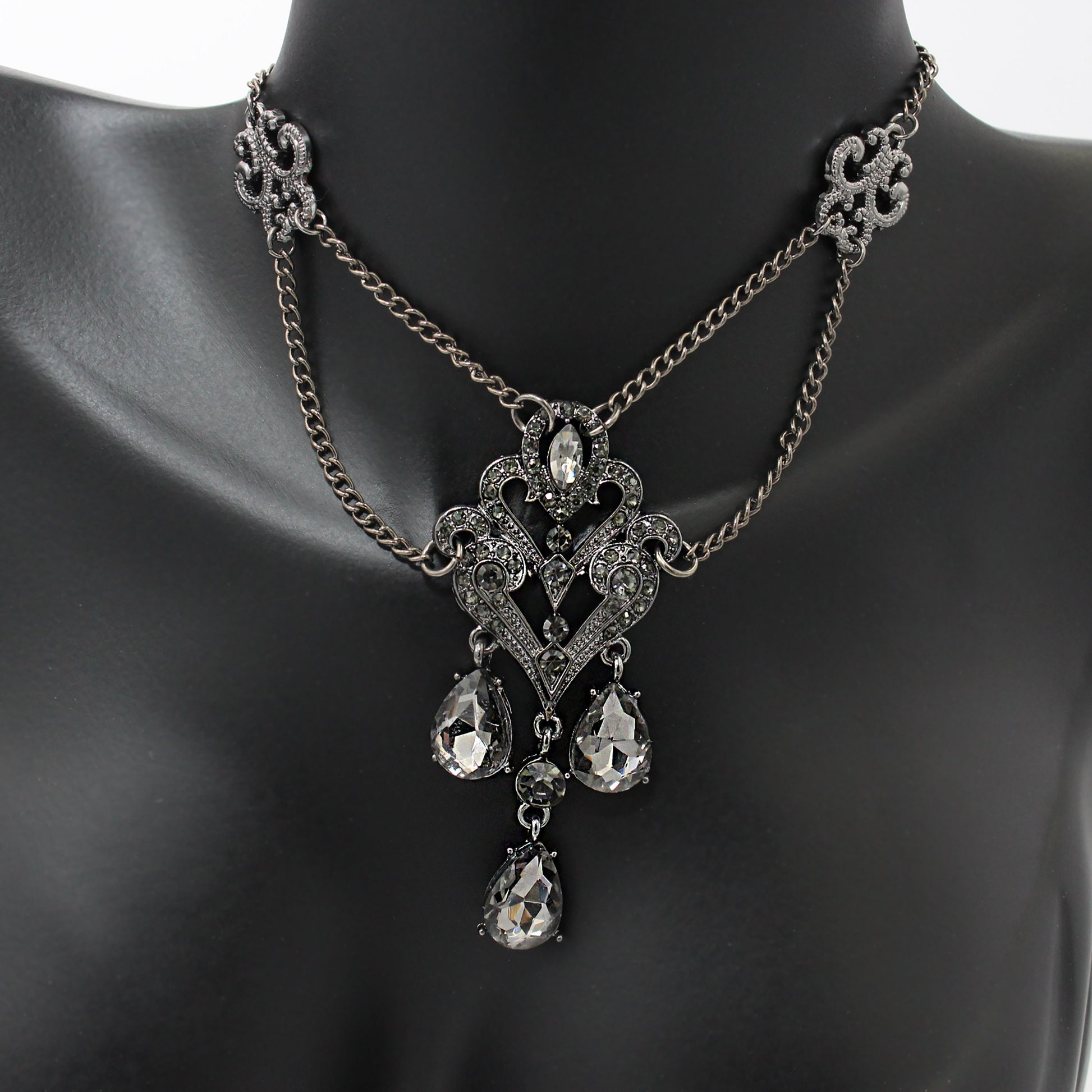 Vintage Crystal Chandelier Necklace with Gray Rhinestones, Vintage Jewelry, Gothic Jewelry