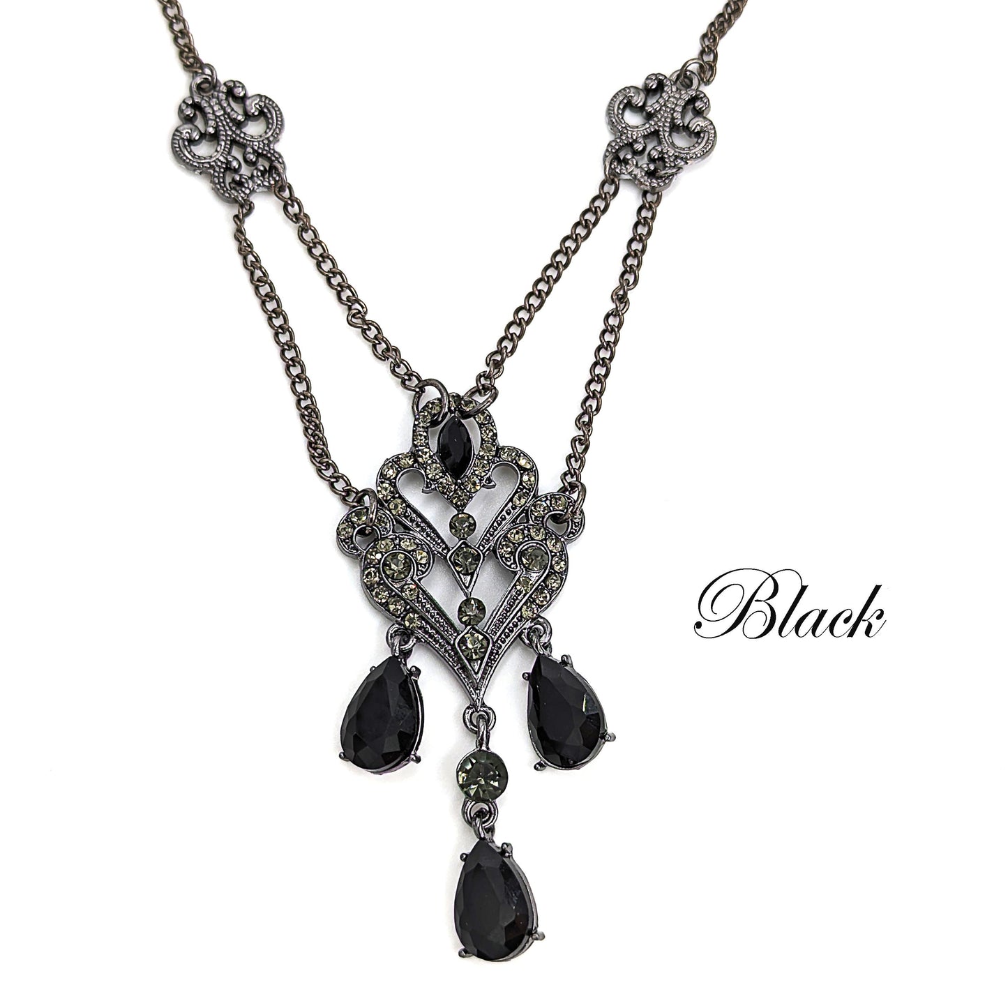Vintage Crystal Necklace with Black Rhinestones, Vintage Jewelry, Gothic Jewelry