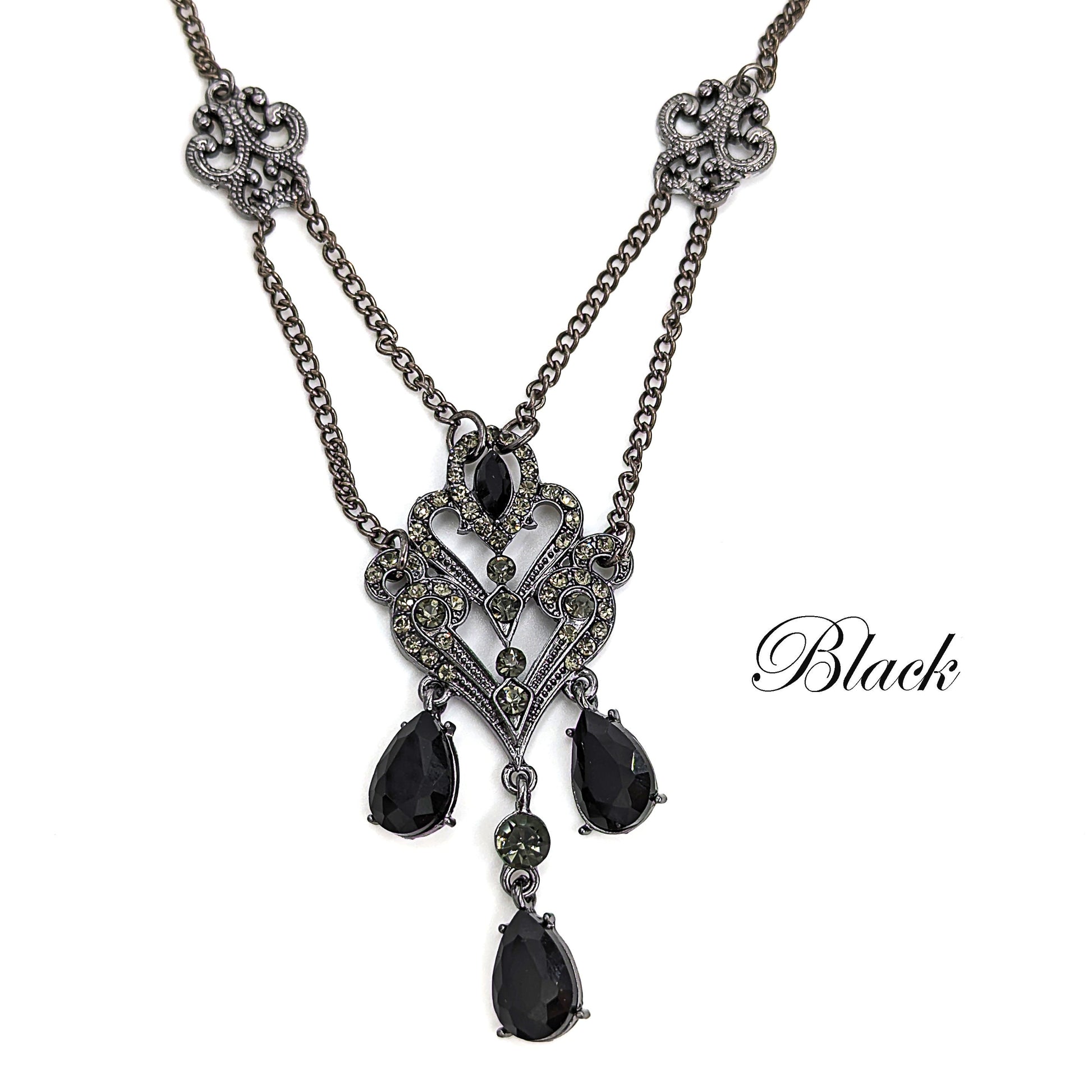 Vintage Crystal Necklace with Black Rhinestones, Vintage Jewelry, Gothic Jewelry
