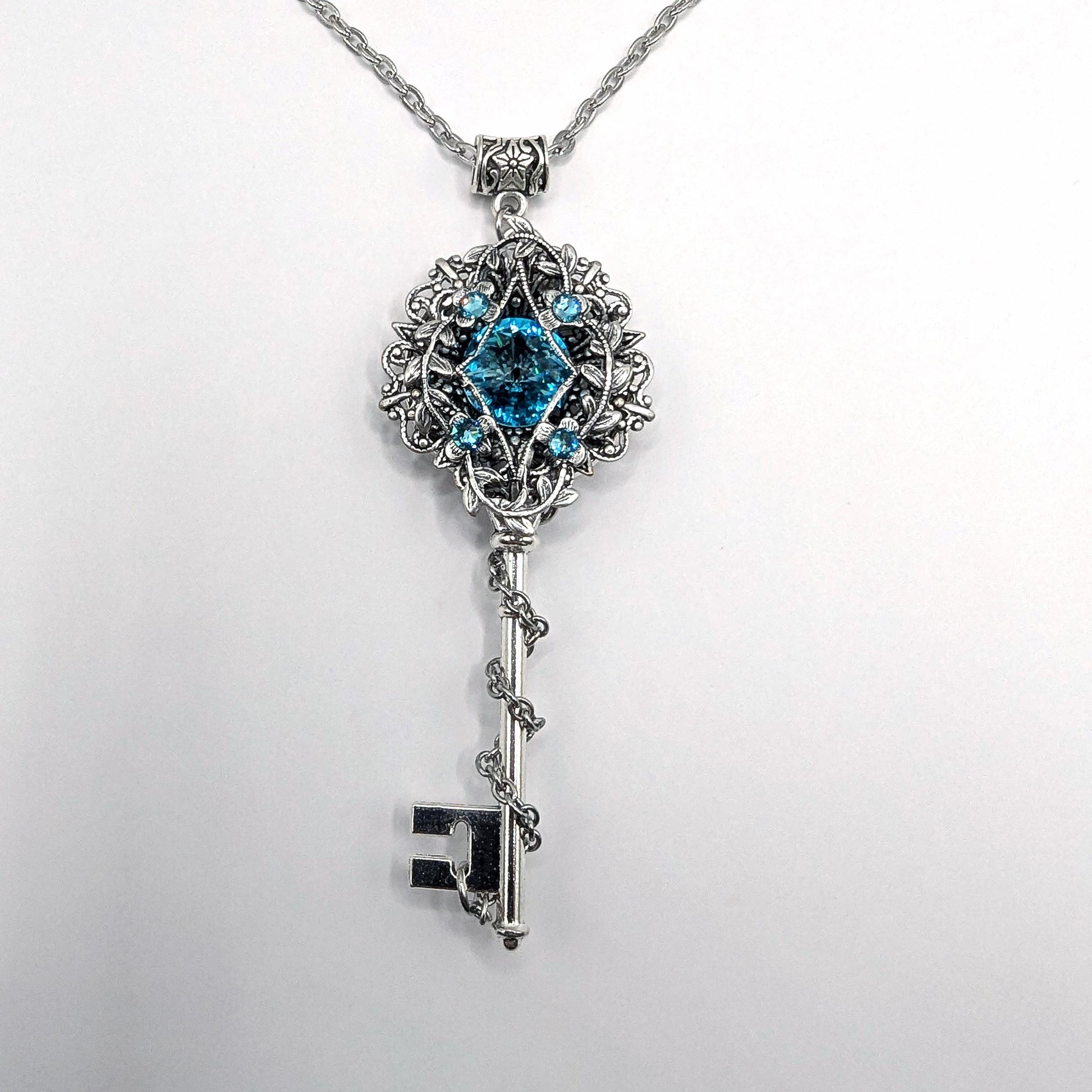 Sterling Silver Turquoise Elven Floral Fantasy Key Necklace made with Swarovski crystals,