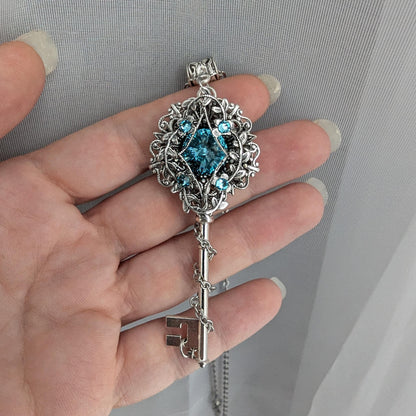Sterling Silver Turquoise Elven Floral Fantasy Key Necklace made with Swarovski crystals