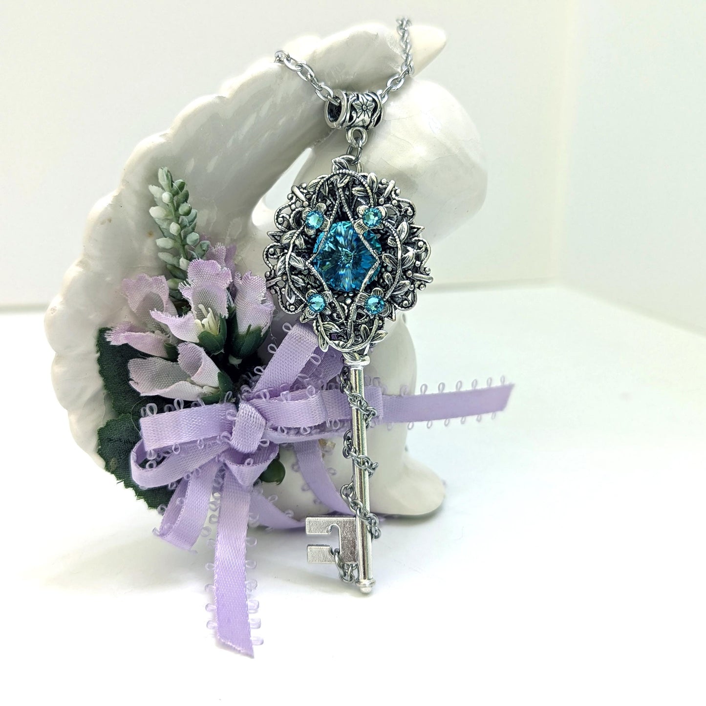 Sterling Silver Turquoise Elven Floral Fantasy Key Necklace made with Swarovski crystals,