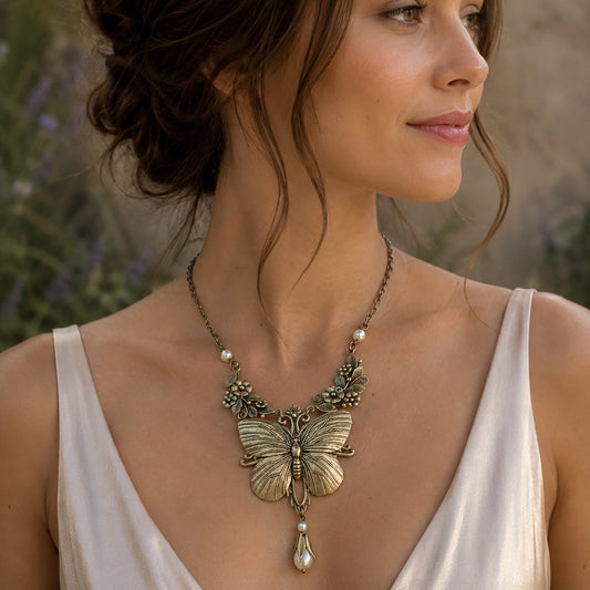 Whimsical brass butterfly and pearl vintage fairycore statement necklace worn by a lady in a white dress with natural background.