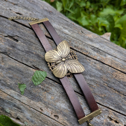 Boho Styled Brass Butterfly tiered Adjustable Leather Bracelet,  Butterfly Jewelry