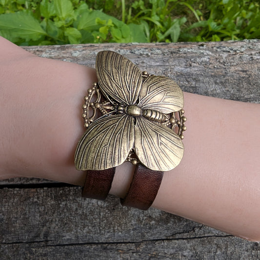Boho Styled Brass Butterfly tiered Adjustable Leather Bracelet,  Butterfly Jewelry