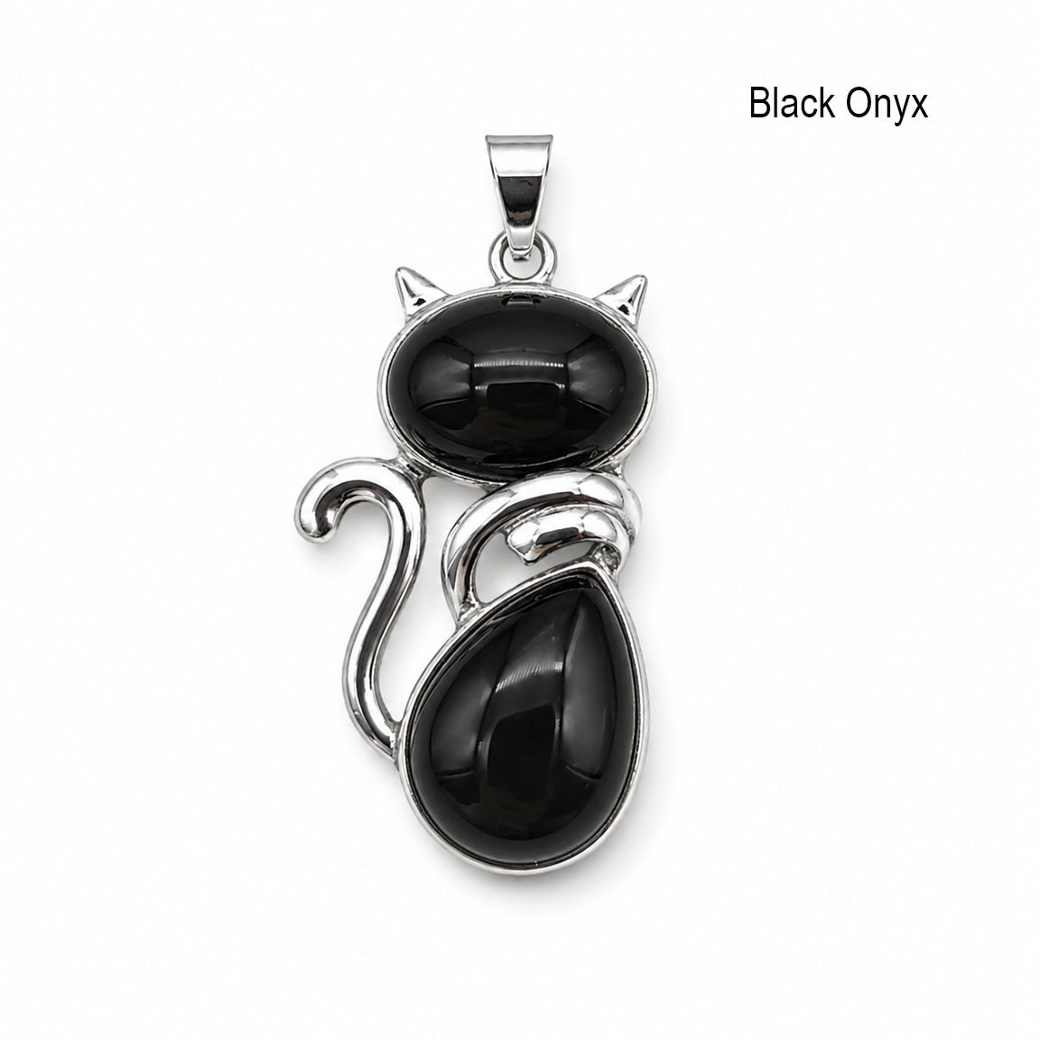 Black onyx cat pendant with silver detailing on a white background