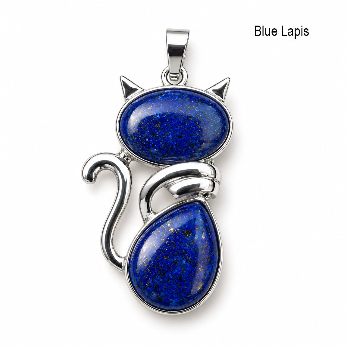 Cat-shaped pendant with blue lapis stones on a white background