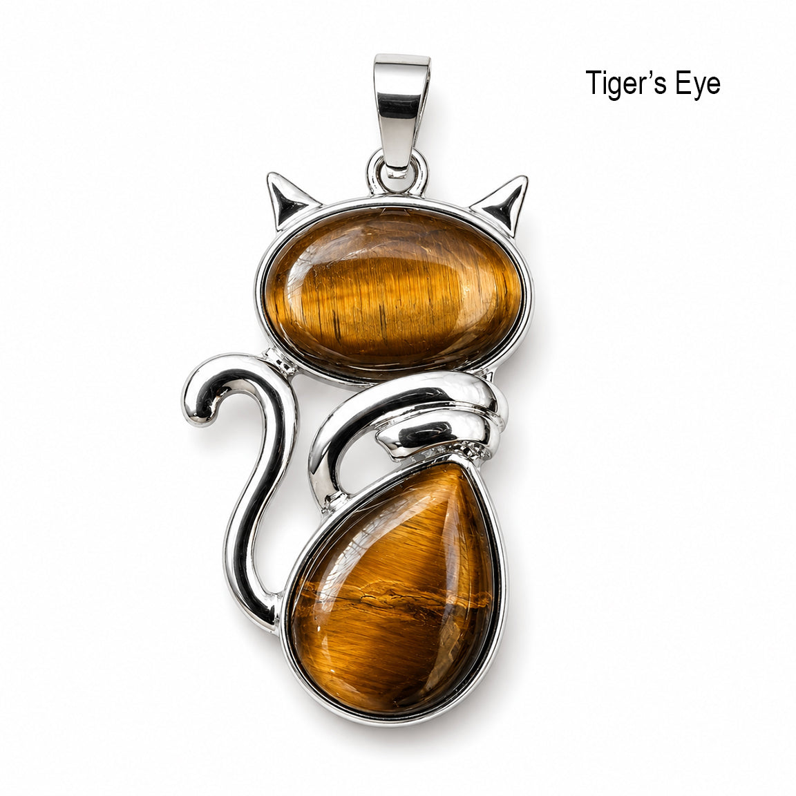Cat-shaped pendant with tiger's eye stones on a white background