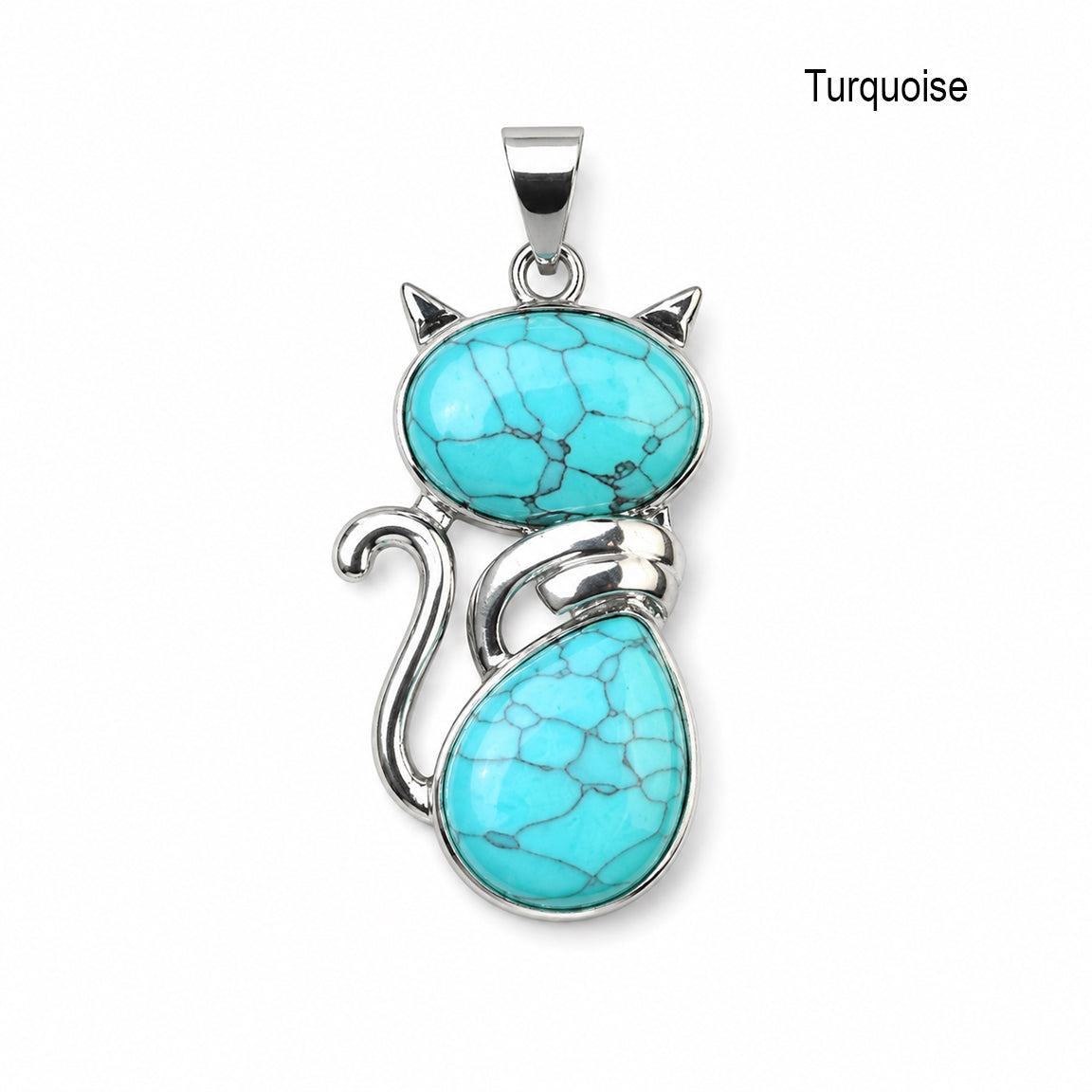 Turquoise cat-shaped pendant with silver accents on a white background