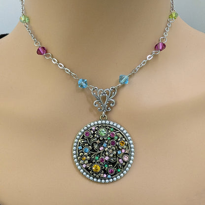 Nature Inspired Rainbow Crystal Medallion Necklace with Matching Accent Beads