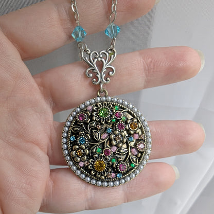 Nature Inspired Rainbow Crystal Medallion Necklace with Matching Accent Beads
