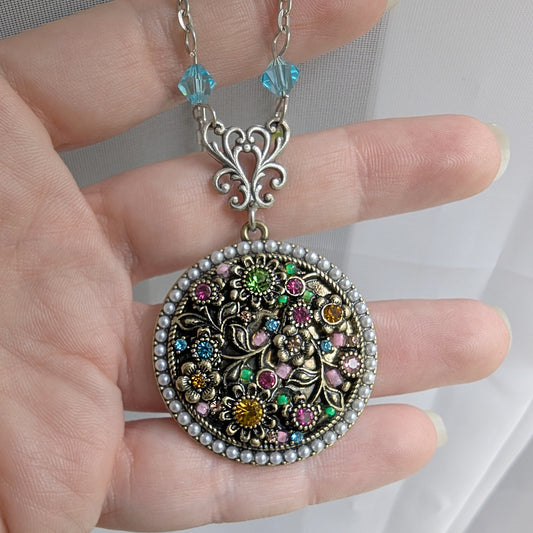 Nature Inspired Rainbow Crystal Medallion Necklace with Matching Accent Beads