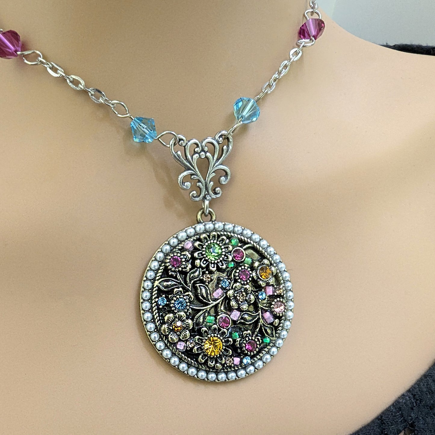 Nature Inspired Rainbow Crystal Medallion Necklace with Matching Accent Beads