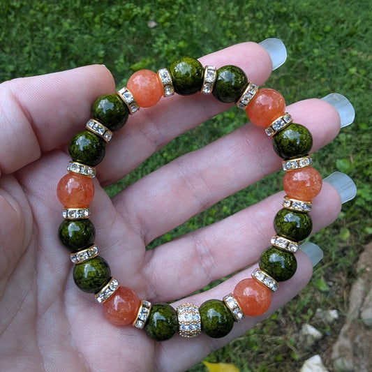 Natural Orange Sunstone and Green Jade Stretch Bracelet