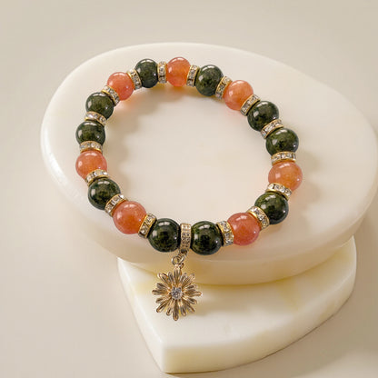 Sunstone & Jade Beaded Stretch Bracelet: 18K Gold Sun Charm, Autumn Healing Jewelry