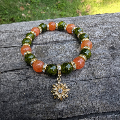 Sunstone & Jade Beaded Stretch Bracelet: 18K Gold Sun Charm, Autumn Healing Jewelry