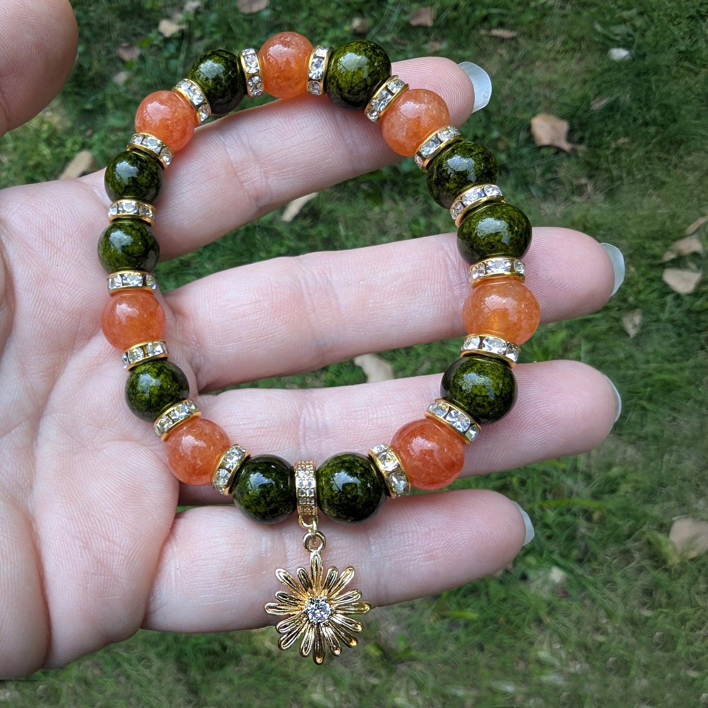 Sunstone & Jade Beaded Stretch Bracelet: 18K Gold Sun Charm, Autumn Healing Jewelry