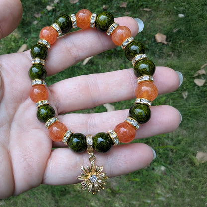 Sunstone & Jade Beaded Stretch Bracelet: 18K Gold Sun Charm, Autumn Healing Jewelry