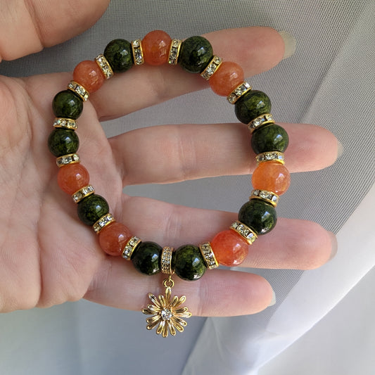 Sunstone & Jade Beaded Stretch Bracelet: 18K Gold Sun Charm, Autumn Healing Jewelry