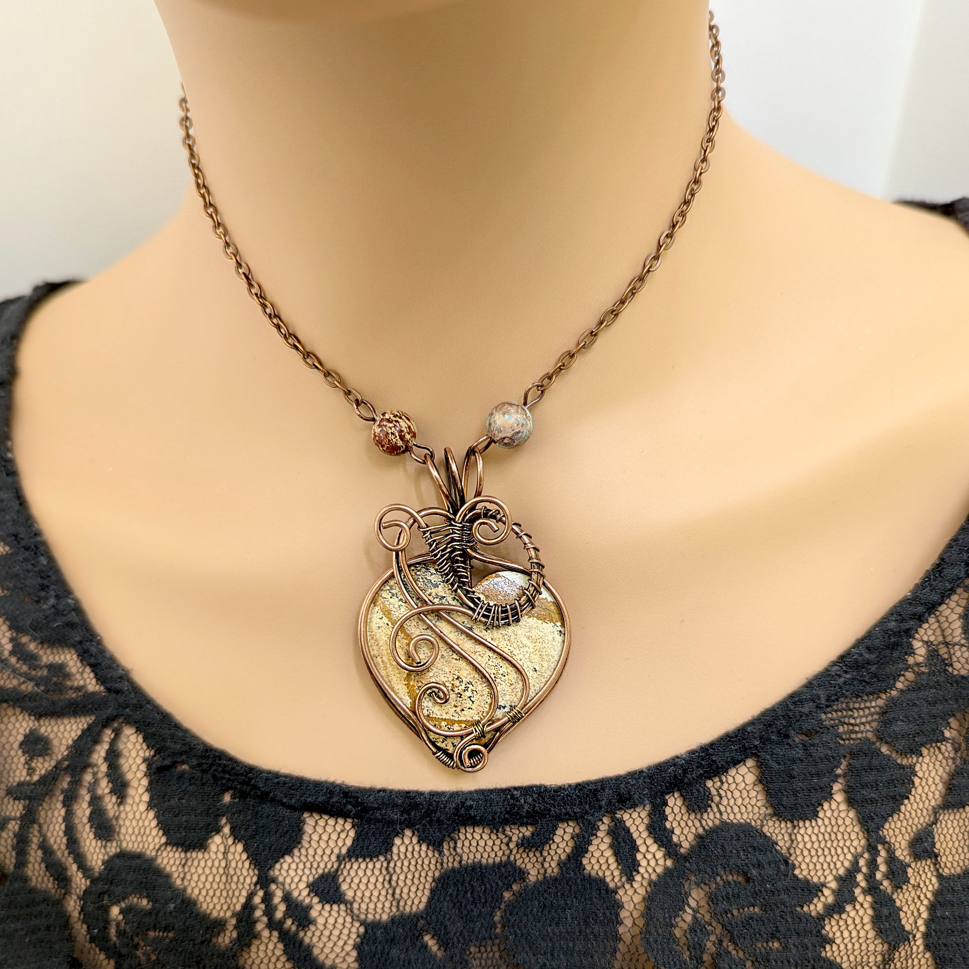 Picture Jasper Wire Wrapped Heart Stone Pendant Necklace, Heart Jewelry