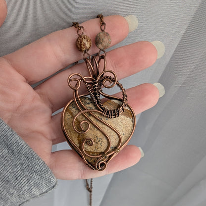 Picture Jasper Wire Wrapped Heart Stone Pendant Necklace, Heart Jewelry