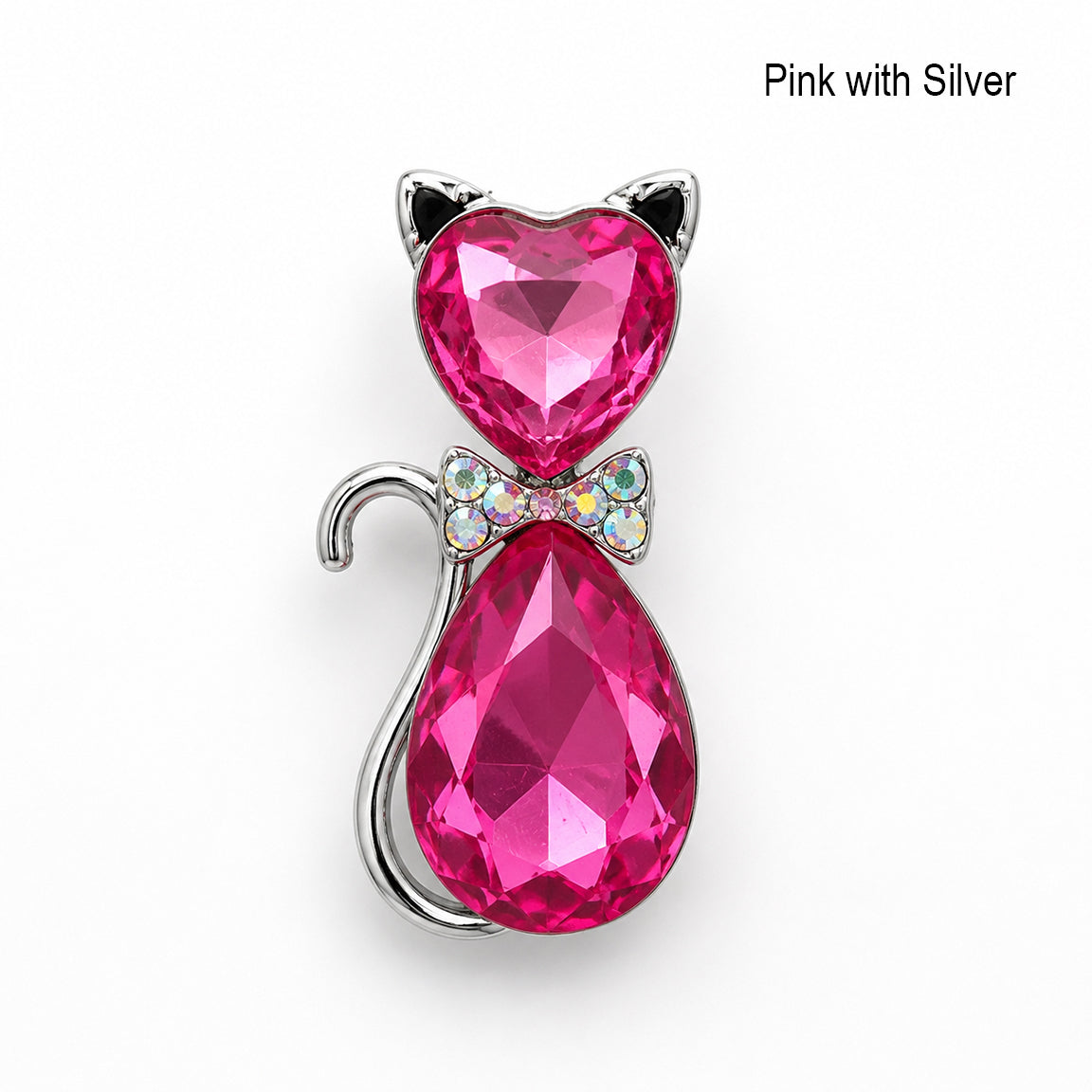 Pink cat-shaped crystal pendant with silver accents on a white background