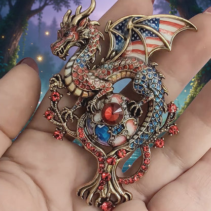 Patriotic Dragon Brooch | Red White Blue Rhinestone Pin