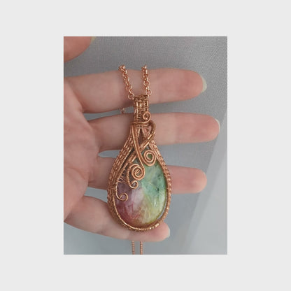 Wire Wrapped Rainbow Solar Quartz Pendant Necklace, Handcrafted Jewelry