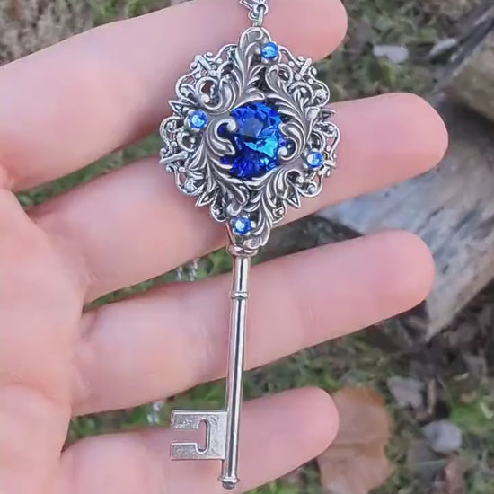 Fantasy Floral Sterling Silver Key Necklace with Swarovski Sapphire Crystals
