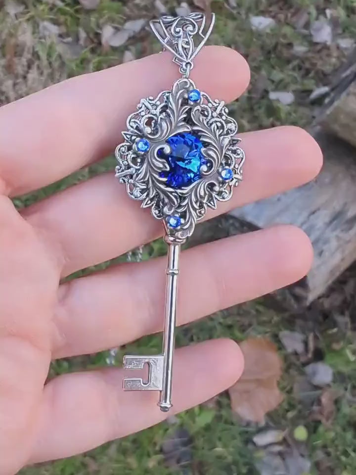 Fantasy Floral Sterling Silver Key Necklace with Swarovski Sapphire Crystals