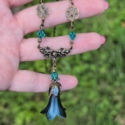 Blue Flower Necklace with Swarovski Crystals | Fairycore Woodland Jewelry