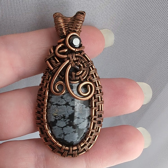 Snowflake Obsidian Stone Copper Wire Wrapped Pendant Necklace with black CZ accent, Obsidian Jewelry