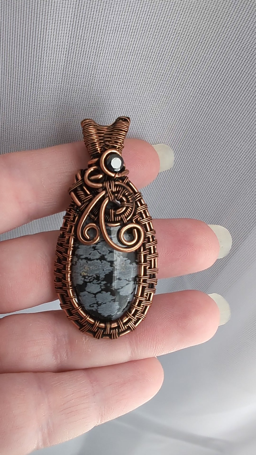 Snowflake Obsidian Stone Copper Wire Wrapped Pendant Necklace with black CZ accent, Obsidian Jewelry