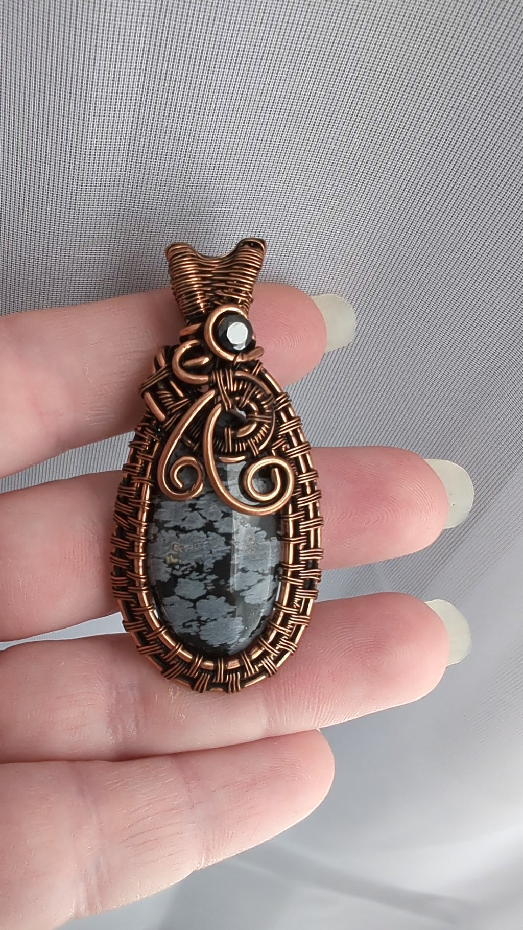 Snowflake Obsidian Stone Copper Wire Wrapped Pendant Necklace with black CZ accent, Obsidian Jewelry