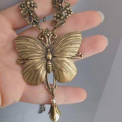 Vintage Brass Butterfly Necklace with Swarovski Pearls | Whimsical Art Nouveau Floral Statement Pendant