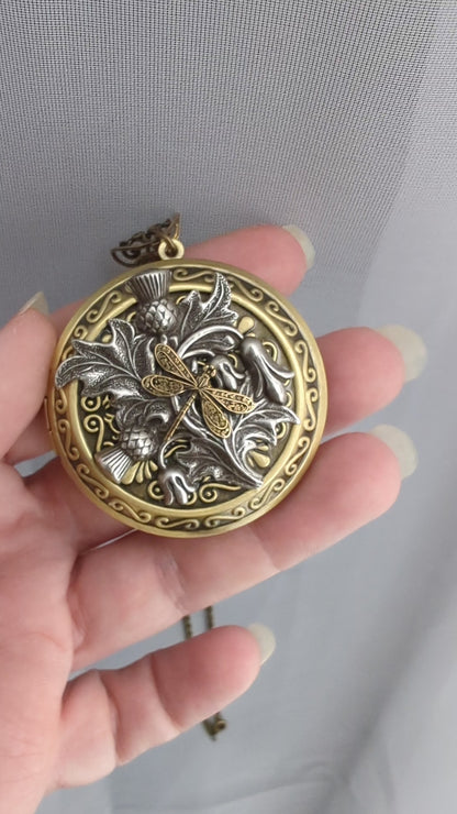 Vintage Dragonfly Locket Necklace, Brass Thistle Pendant, Nature Jewelry