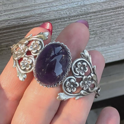 Vintage Amethyst Bracelet with Floral Detail.  Art Nouveau Sterling Silver Jewelry