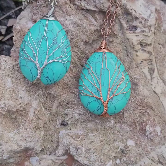 Pear Shaped Natural Turquoise Healing Stones, Tree of Life Wire Wrapped Necklace in Copper and Silver