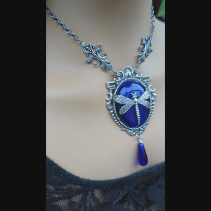 Dragonfly Pendant Necklace: Sterling Silver Plated on Blue Cats Eye, Vintage Nature Jewelry, Optional Earrings