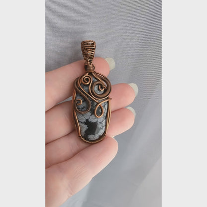 Snowflake Obsidian Stone Copper Wire Wrapped Pendant Necklace, Obsidian Jewelry, Obsidian Pendant