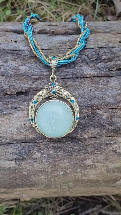 Green, Blue and Black Beaded Moon Necklaces, Beaded Jewelry, Bohoe Jewelry, Bohemian Necklace