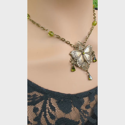 Handmade Vintage Inspired Brass Butterfly Necklace with Olive Crystal Accents, Butterfly Jewelry