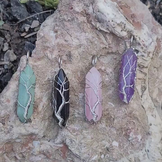 Natural handmade Aventurine tree of life wire wrapped stone necklace.