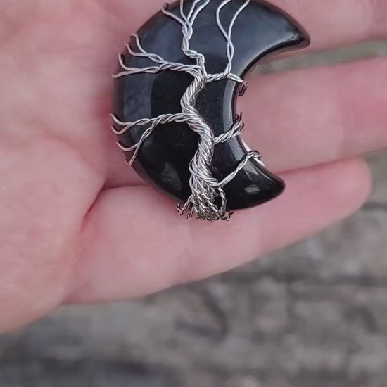 Black Obsidian Stone Wire Wrapped Crescent Moon Necklace,  Healing Stones, Gothic Jewelry