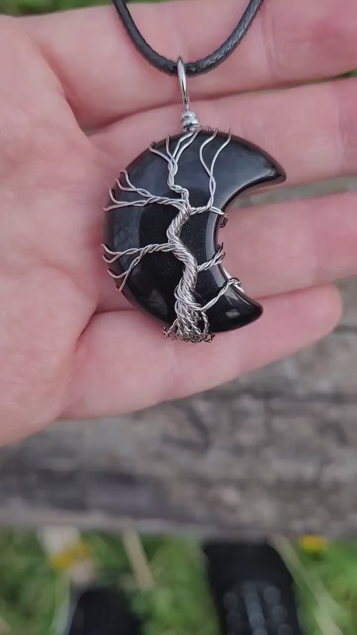 Black Obsidian Stone Wire Wrapped Crescent Moon Necklace,  Healing Stones, Gothic Jewelry