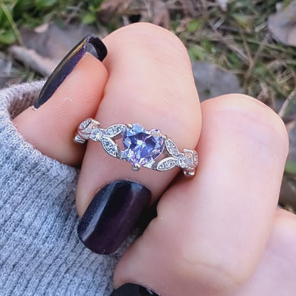 White Gold CZ Lavender Heart Shaped Ring, Purple Engagement Rings , Promise Ring, June Birthstone
