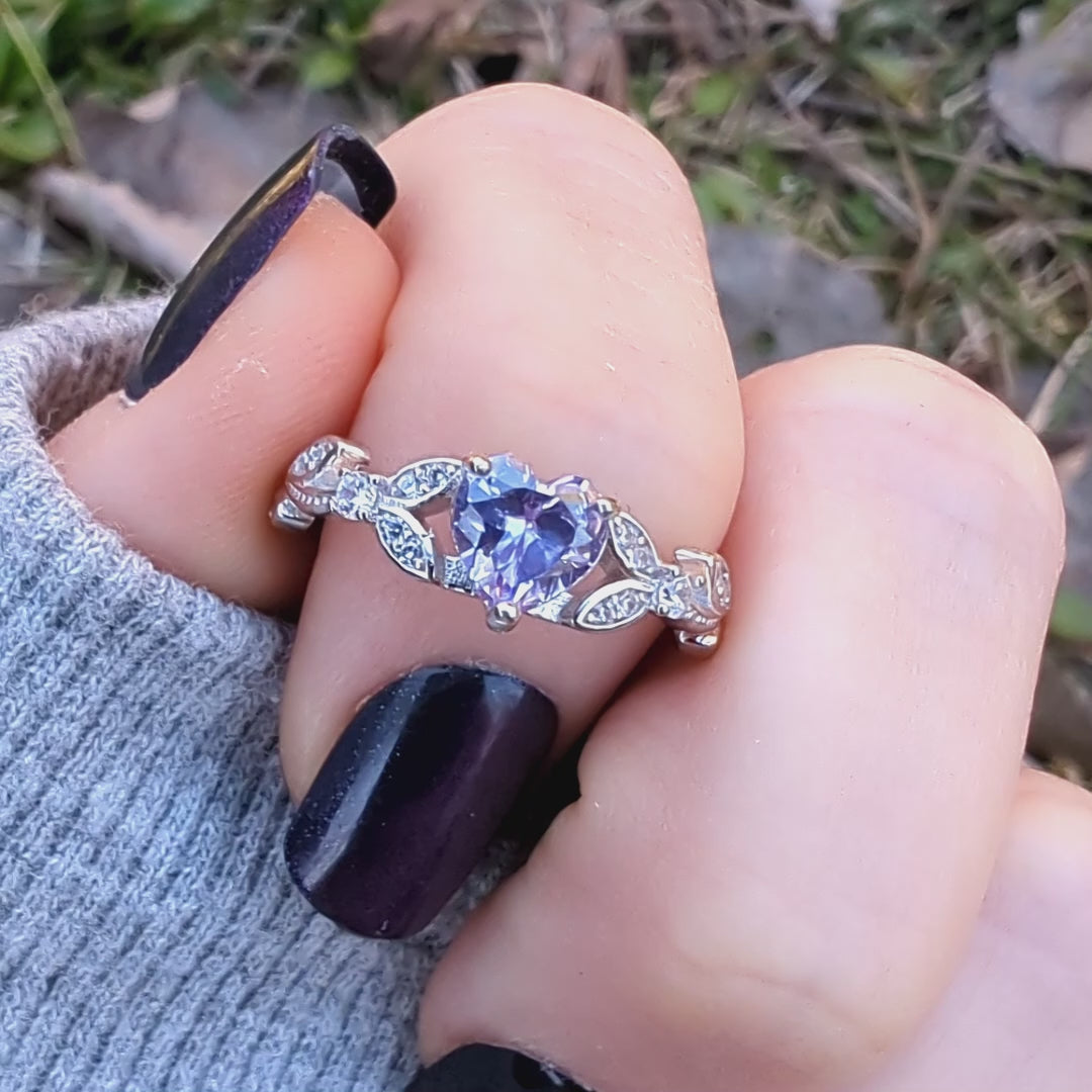 White Gold CZ Lavender Heart Shaped Ring, Purple Engagement Rings , Promise Ring, June Birthstone